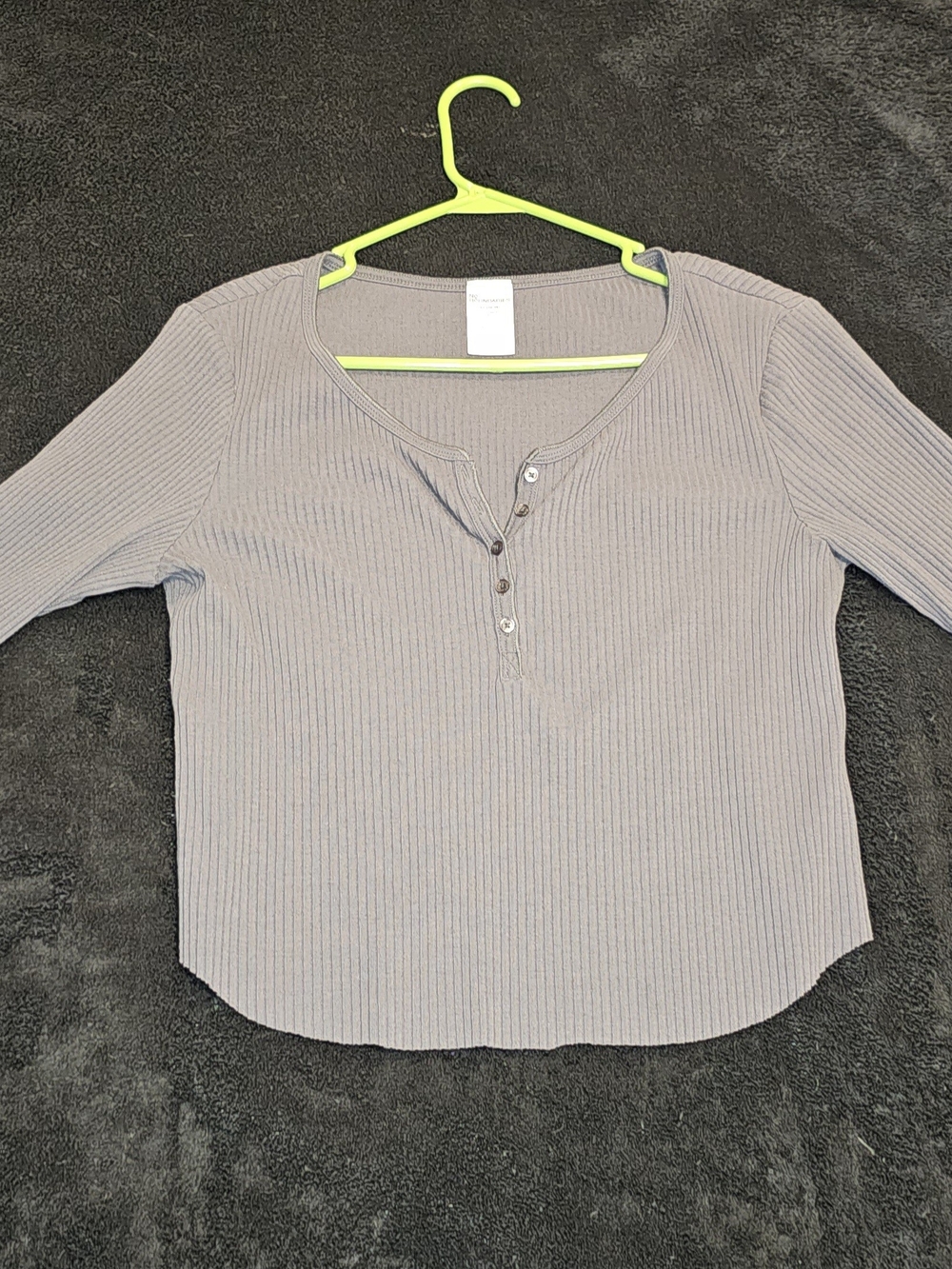 Ribbed Henley Long Sleeve Top - Light Gray